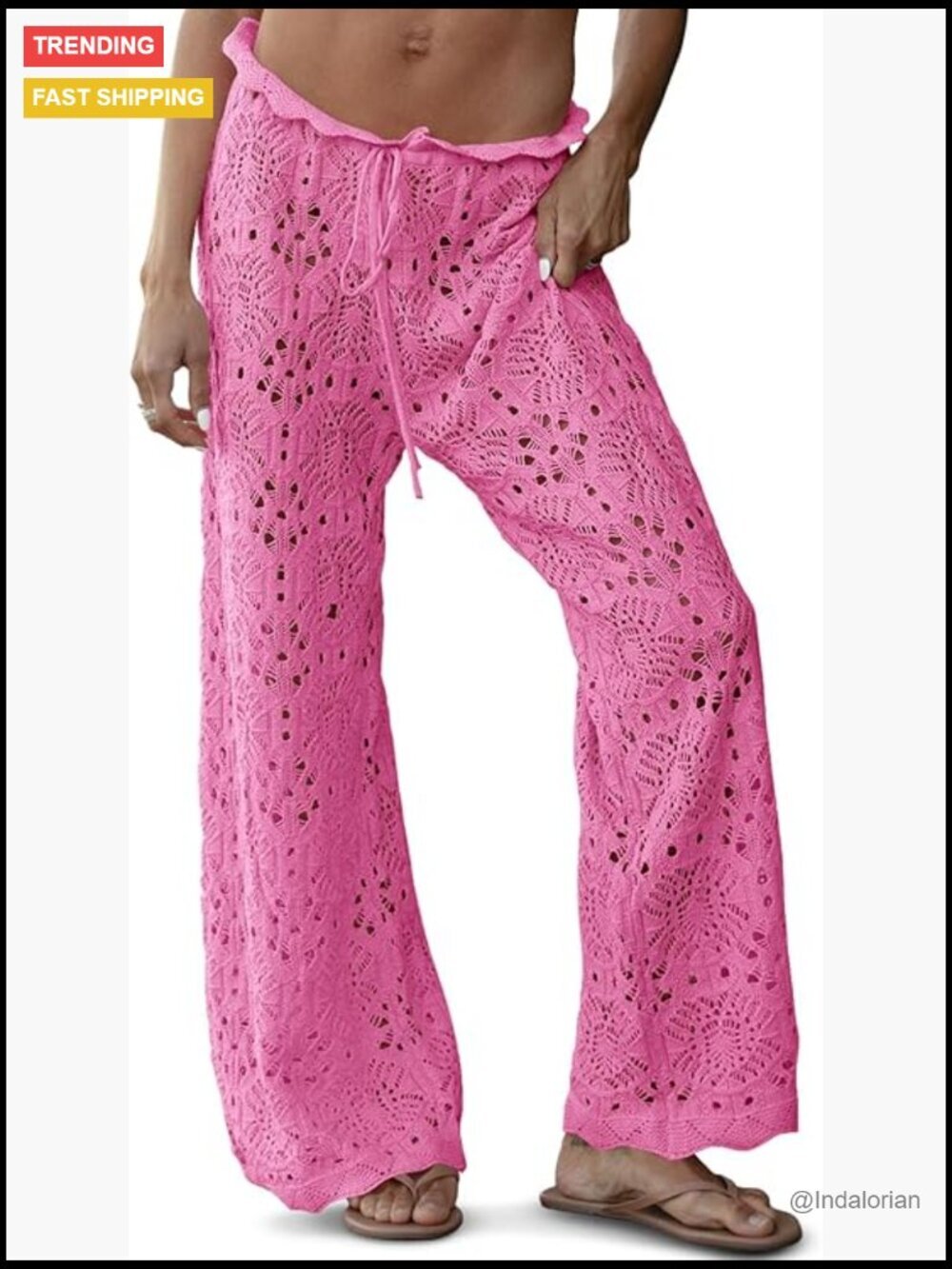 Crochet Swimsuit Coverup Pants High Waisted Drawstring Sheer Mesh Knit Wide Leg